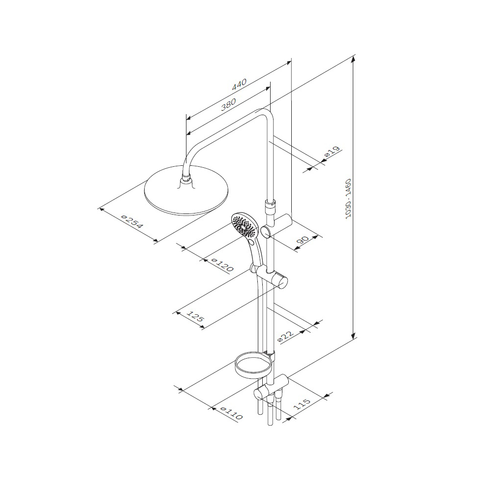 F0750A100 Inspire V2.0 душ.система, набор: верхн.душ d 250 мм, ручн.душ 3 ф-ции d 120 мм, переключат