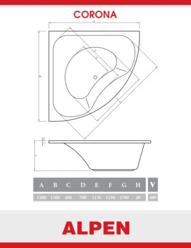 Акриловая ванна ALPEN Corona 150